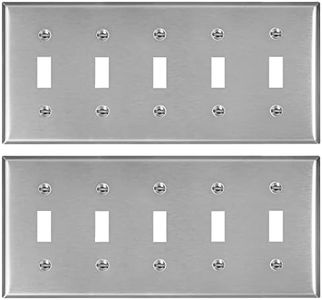 (2 Pack) AP-10425, Stainless Steel Toggle Switch Wall Plate, 5 Gang Standard Size 4.50" x 10" Corrosion and Heat Resistant Unbreakable Metal, Silver Light Switch Cover Panel, Matching Screws