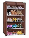 FLIPZON Multipurpose 5 Shelves Shoe Rack With Zip Door Cover & Side Pockets, Multiuse Storage Rack For Footwear, Toys, Clothes With Dustproof Cover (5 Shelves, Brown, Plastic)