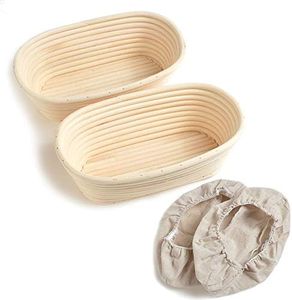10" Oval Bread Proofing Basket Pack 2 Sourdough Bannetons Bortform Proving Rattan Basket Hold 500g Dough with Linen Liner Cloth