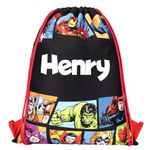 Marvel Avengers Drawstring Bag - Kids Avengers Bag - PE KIT Bag for boys & girls - Kids School Bag - Personalised Gift For Kids - Kids Swimming Bag Black (Black)