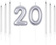 Silver Birthday Candle Set,Number 20 Candels with 6Pcs Long Candles, 20 Candles Set,20th Birthday Candle Set,Happy Birthday Candle,Cake Candles Decorations for Birthday Party Wedding Anniversary