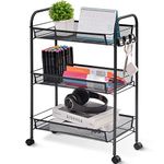 TOOLF 3-Tier Metal Rolling Cart, Mesh Wire Easy Assemble Utility Cart, Storage Trolley on Wheels with 3 Hooks, MetalStorage Shelving Units for Kitchen Bathroom Laundry Room