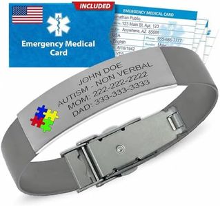 Universal Medical Data Autism Medical ID Bracelet for Kids – Custom Laser Engraved ID, Silicone Band & Stainless Steel Plate - Medic Alert Bracelet with Emergency Card & Health Record Access - Grey