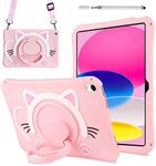 iXTRA iPad Case for iPad 10th Generation 10.9 inch 2022 with Rotating Handle Kickstand Shoulder Strap Soft Silicone Cute Cat Cartoon iPad Case Cover for Women Girls Kids, Pink