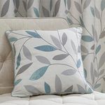 Fusion - Duck Egg Blue Floral Leaf Cushion (43 x 43cm) - 100% Cotton - Filling Included - Piped Edge Cushion - Matching Curtains Available - Duck Egg Cushion with Cover Included/Cushion Insert