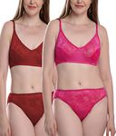 FIMS - Fashion is my style Soft Lycra Stretchable Bra Panty Set for Women, Non-Padded, Non-Wired, Seamed, Floral Print, Lingerie Set, Pink Brown, Cup-B, Pack of 2, Size- 40