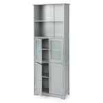 COSTWAY Tall Bathroom Storage Cabinet, Freestanding Kitchen Pantry Storage Cabinet with Glass Doors and Adjustable Shelf, 64” Wooden Linen Floor Cabinet for Bathroom, Living Room, Kitchen (Grey)