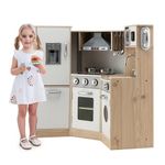 Maxmass Kids Corner Kitchen, Wooden Children Play Kitchen with Light & Sound, Ice Dispenser, Accessory Utensils, Toddler Role Play Cooking Playset for Girls Boys (with Telephone & Range Hood)