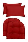 RSH Décor Indoor/Outdoor - 2 U-Shape Large Wicker Chair Cushions & Bonus Lumbar/Throw Pillows (2 (21" x 21") Cushions & 2 (20" x 12") Pillows, Solid Red Fabric)