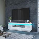 TV Stand Cabinet Modern White Gloss TV Stand Unit with LED Lights 150CM, 5 Drawers, 1 Open Shelf and Hidden Top Storage Space, for Bedroom Living Room Home Furniture