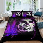 Marijuana Leaves Duvet Cover Queen Sugar Skull Comforter Cover Cannabis Leaves Weed Bedding Set For Kids Boys Teens Adult Room Decor, Skeleton Bones Trippy Duvet Cover, Purple Black Bedding