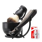 Men's Wet Shaving Kit, DanNuo 5 in 1 Men’s Shaving Brush Traditional Barber Manual Straight Razor Stainless Steel Shaving Bowl Shaving Holder Stand with 10pcs Refill Blades (Black)