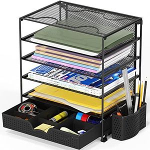 SimpleHouseware 5-Tier Document Trays with Drawer and Pen Holder Office Desk Organiser, Black