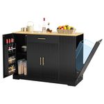 Lyromix 53" Long Kitchen Island with Trash Can Storage, Black Kitchen Island with Tilt Out Trash Can Storage Cabinet 10 Gallon, Portable Island with Garbage Bin, Wood Top, Spice Rack and Drawers