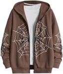 SHENHE Men's Zip Up Graphic Spiderweb Print Long Sleeve Goth Hoodie Sweatshirt Jacket Coffee Brown X-Large