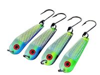 Loony Spoons - Premium Salmon Fishing Lures - Set of 4 - Great for Salmon, Lake Trout - Char - Walleye (Size 3-3 3/8", Herring Aid, Green Hornet, Blue Dorado and Lemon Lime)