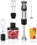 6 in 1 Hand Immersion Blender, 1000W 12 Speed Handheld Blender with 600ml Beaker, 500ml Chopper, Egg Whisk, Milk Frother, Stainless Steel Blades