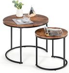 Giantex Set of 2 Round Nesting Coffee Table, Compact Stacking Side Tables w/Wooden Tabletop & Powder-coated Steel Frame, Space-saving Vintage End Tables for Living Room (Rustic Brown)