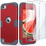 iPod Touch 7 Armor Case with 2 Screen Protectors, IDweel 3 in 1 Hard PC Case + Silicone Shockproof for Kids Heavy Duty Hard Case Armor Cover for 2019 iPod Touch 7th/6th/5th Gen, Red+Gray