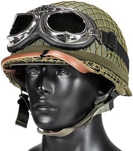 KASIFEI WW2 US M1 Military Helmet with Goggles Retro, Army Helmet with Camouflage Net, Adjustable by Chin Strap