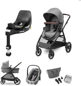 Maxi-Cosi Zelia S Trio Kinderwagen 3in1 Set, FamilyFix 360 drehbare Basisstation Bundle - Kinderwagen Travel System inkl. CabrioFix S i-Size Autositz, 0-4 Jahre, bis 22 kg, Grau + FamilyFix 360, Black