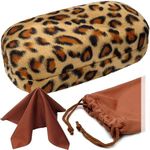 MyEyeglassCase Large Curved Sunglasses Case - Women Hard Shell Glasses Holder - XL Large Eyeglass Case with Pouch &Cloth, As505 Leopard 1