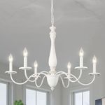 Distressed White Farmhouse Chandelier 6 Lights Handmade Real Wood French Country Chandelier Light Fixture for Dining Room Chandelier Hanging Rustic Candle Pendant Light for Kitchen Living Room Bedroom