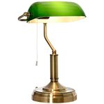 HOMCOM Banker's Table Lamp Desk Lamp with Antique Bronze Base, Green Glass Shade and Pull Rope Switch for Home Office, Living Room, Bedroom, Dining Room