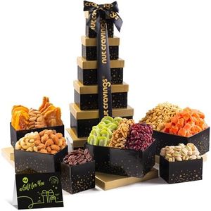 NUT CRAVINGS Gourmet Collection - Dried Fruit & Mixed Nuts Gift Basket Black Tower + Ribbon (12 Assortments) Teacher Appreciation Arrangement Platter Bday Care Package Healthy Kosher