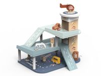 SPEEDY MONKEY Wooden Garage Playset for Kids 36m+ | Imagivative Roleplay Multi-Level Parking Garage Toy with Ramp, Car Track, Elevator, 3 Mini Cars & Helicopter | Pretend Play Set for Boys & Girls
