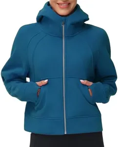 THE GYM PEOPLE Women's Full-Zip Up Hoodies Jacket Fleece Workout Crop Tops Sweatshirts with Pockets Thumb Hole Dark Blue Green