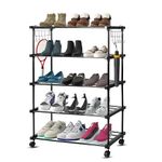 LEOPAX Shoe Rack, Multi Pairs Shoe Storage Organizer, 5 Tiers Shoe Stand, Easy Assembly Stackable Sturdy Shoe Tower with 2 Hooks,Closet, Garage, Bedroom - Black (85 x 31 x 109cm)