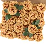 MACTING Artificial Flowers Rose, 30pcs Real Touch Fake Flowers for DIY Bouquets Wedding Party Baby Shower Home Decor, Gold