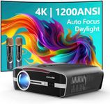 Daylight 4K Projector with WiFi6 & Bluetooth 5.2, 1200ANSI Smart Home Karaoke Projector with 2*Wireless Mics, Auto Focus & Keystone, Native 1080P Android TV Projector Outdoor Movie Party Video Gaming