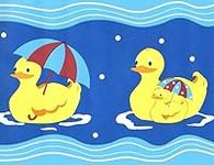 CONCORD WALLCOVERINGS ™ Wallpaper Borders Kids Pattern Ducks with Umbrella in Water for Boys Nursery Room, Yellow Blue Red White, 7 Inches by 15 Feet GU79255