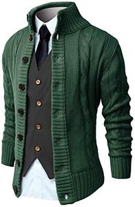 NITAGUT Mens Long Sleeve Casual Slim Fit Cardigan Cable Knitted Sweater Thermal Button Down Closure,Green,Large