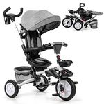 Baby Joy Baby Tricycle, 7-in-1 Kids Folding Steer Stroller w/Rotatable Seat, Adjustable Canopy, Safety Harness, Cup Holder, Push Handle, Storage Bag, Toddler Tricycle Trike for 1-5 Year Old (Gray)