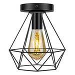 Large Industrial Ceiling Light, Flush Mount Ceiling Light Fixture Black Metal Cage Ceiling Lamp for Hallway Bedroom Living Room Kitchen, 24CM x 20CM (No Bulb)