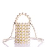 YIFEI Women Beaded Pearl Evening Bucket Handmade Bags with Detachable Chain for Wedding Party, Medium