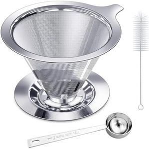 Pour Over Coffee Dripper Paperless Cone Coffee Filter for Single Cup Brew Stainless Steel Pour Over Coffee Maker Double Mesh Design Camping Coffee Maker (1-4 Cup)