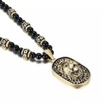 THE MEN THING WARRIOR NECKWEAR - Pure Titanium Steel Lion Head Shield 18K Pvd Gold Plated Necklace with 8mm Black Onyx Beads 27inch Chain for Men & Boys