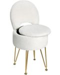 Greenstell Vanity Stool with Foldable Back, Vanity Chair with Storage, 13" Dx 27.7" H Faux Fur Soft Ottoman, 4 Metal Legs with Anti-Slip Feet, Small Furry Padded Seat for Makeup, Bedroom, White