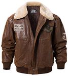 FLAVOR Men's Real Leather Bomber Jacket with Removable Fur Collar (Brown, Large)