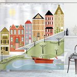 Ambesonne Cityscape Shower Curtain, Quaint Village Street and Colorful Building by River Cartoon Illustration Print, Cloth Fabric Bathroom Decor Set with Hooks, 70" Long, Green Teal