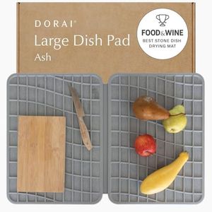 Dorai Home Dish Pad - Collapsable Stone Dish Drying Mat with Diatomaceous Earth for Quick Drying - Ultra Absorbent - Encased in Woven Silicone - Eco-Friendly, Foldable - Large 24.6" x 16.5", Ash