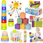 6 in 1 Montessori Toy for 6-12 Months Baby Stacking Building Block Soft Infant Ring Shape Learning Sensory Bin Pull String Teething Toy Magic Tissue Box for Toddlers 1 2 3 Year Old Boy Girl Gift