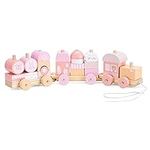 Navaris Wooden Toy Stacking Train - Pull-Along Building Block 20-Piece Train Set Made from Solid Wood - For 18M+ Toddlers, Kids, Boys, Girls - Pink