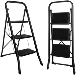 kisidus Échelles Pliable 3 Marches Antidérapants Escabeau Marche Pied Pliante 3-Level Max 150kg Acier Robust Intérieur Extérieur - Noir
