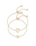 PAVOI 14K Gold Plated Matching Heart Charms Solitaire Bracelet Set for Women | Adjustable Love Friendship Two Bracelet Pack, 9", Yellow Gold, no gemstone