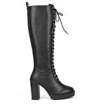 ESSEX GLAM Womens Platform Block Heel Knee High Boots Ladies Black Lace Up Heeled Biker Combat Long Winter Shoes Size 3-8